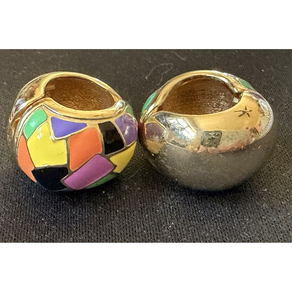 Erwin Pearl Vintage 80s Mosaic Enamel Huggie Hoop Earrings Gold Tone Multi Color - Picture 7 of 10